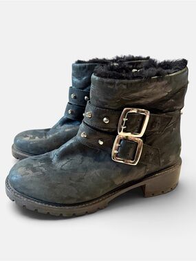 Ross & Snow Stefana Combat Boots Size 8 Black Camo Shearling Lined Moto Biker
